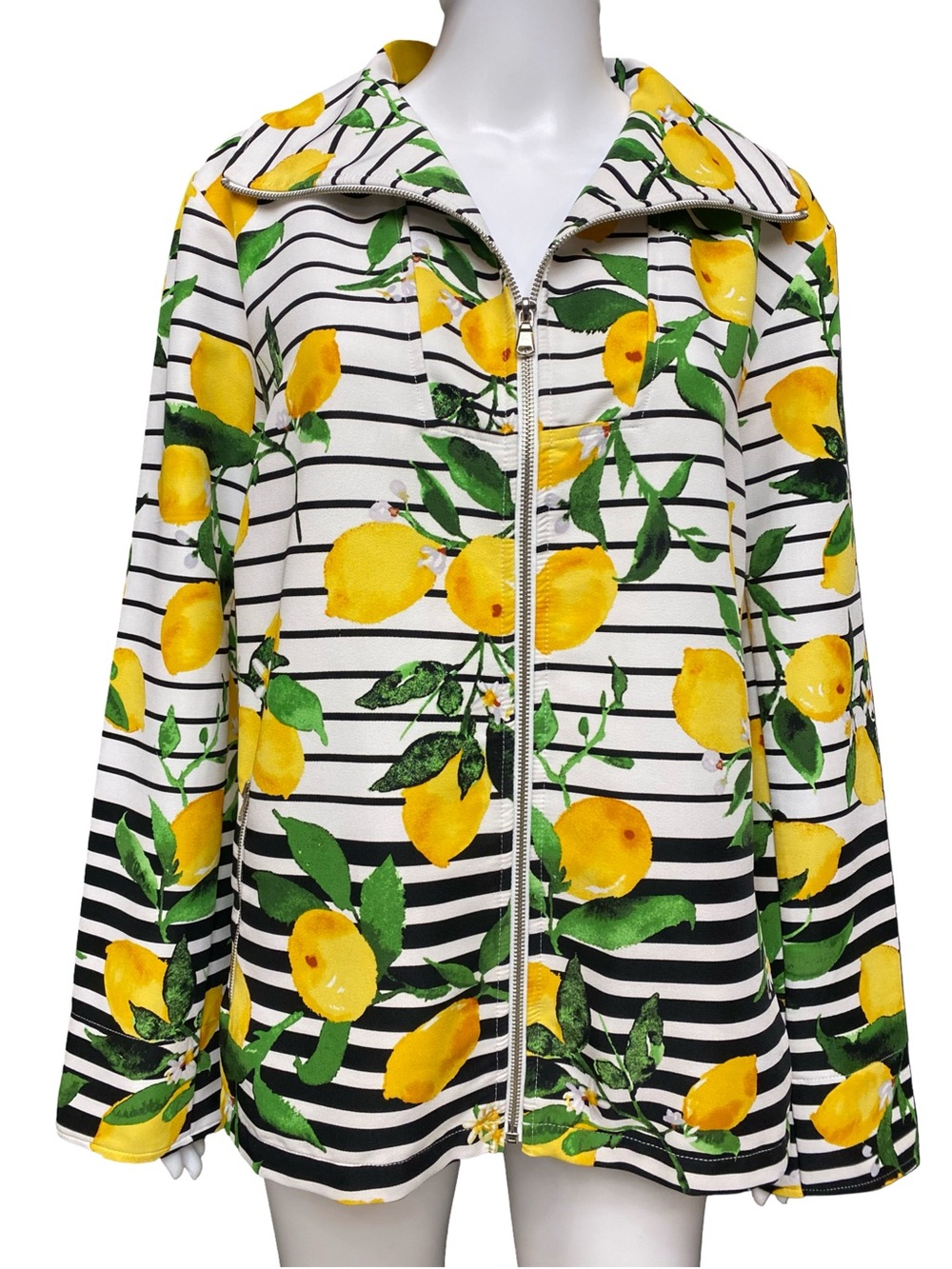 Erin London Lemon Print Zip Front Citrus Jacket Women’s M Black White Striped